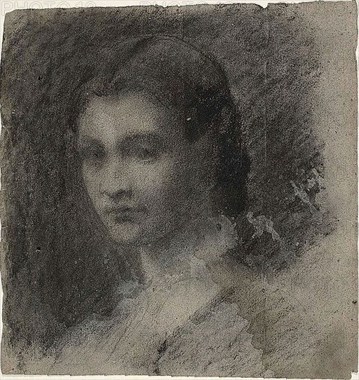 Bust of a Young Woman (recto), Seated Female Figure (verso), 1847/75, Jean Baptiste Carpeaux, French, 1827-1875, France, Black chalk, with stumping (recto), and black chalk (verso), on gray-brown wove paper, 254 × 240 mm