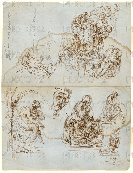 Unfinished Letter with Studies for the Ugolino Group, 1858, Jean Baptiste Carpeaux, French, 1827-1875, France, Pen and brown ink on blue laid paper, 268 × 205 mm