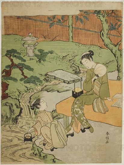 Two Girls Enjoying the Evening Cool in a Garden, c. 1765/70, Suzuki Harunobu ?? ??, Japanese, 1725 (?)-1770, Japan, Color woodblock print, chuban