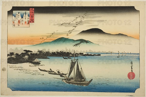 Descending Geese at Katada (Katada rakugan), from the series Eight Views of Omi (Omi hakkei no uchi), c. 1834, Utagawa Hiroshige ?? ??, Japanese, 1797-1858, Japan, Color woodblock print, oban