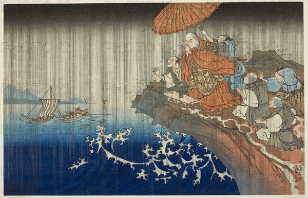 Praying for Rain at Ryozengasaki in Kamakura, 1271 (Bun’ei hachi Kamakura Ryozengasaki ame inoru), from the series Concise Illustrated Biography of the Great Priest [Nichiren] (Koso go ichidai ryakuzu), c. 1830/35, Utagawa Kuniyoshi, Japanese, 1797-1861, Japan, Color woodblock print, oban, 21.7 x 34.1 cm (8 9/16 x 13 7/16 in.)