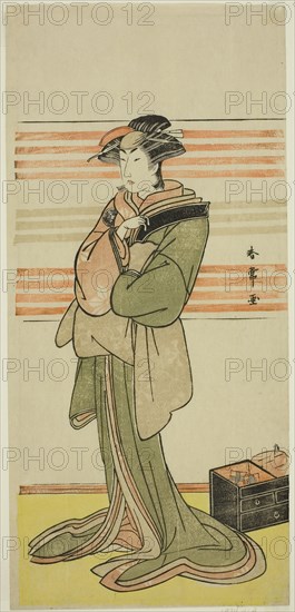 The Actor Nakamura Riko I as Osen of the Komatsuya House (?) in the Play Nanakusa Yosooi Soga (?), Performed at the Nakamura Theater (?) in the Second Month, 1782 (?), c. 1782, Katsukawa Shunjo, Japanese, died 1787, Japan, Color woodblock print, hosoban, 32.1 x 15 cm (12 5/8 x 5 7/8 in.)