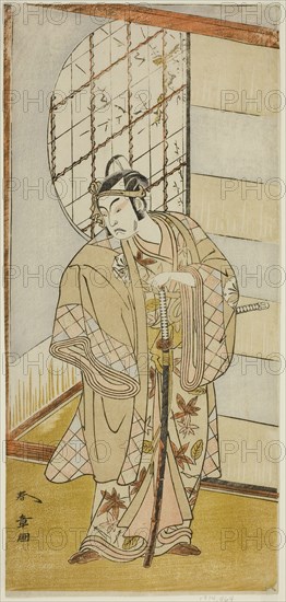 The Actor Matsumoto Koshiro IV as Matsuo-maru in the Play Sugawara Denju Tenarai Kagami, Performed at the Nakamura Theater in the Ninth Month, 1773, c. 1773, Katsukawa Shunsho ?? ??, Japanese, 1726-1792, Japan, Color woodblock print, hosoban, 31.5 x 14.8 cm (12 3/8 x 5 13/16 in.)