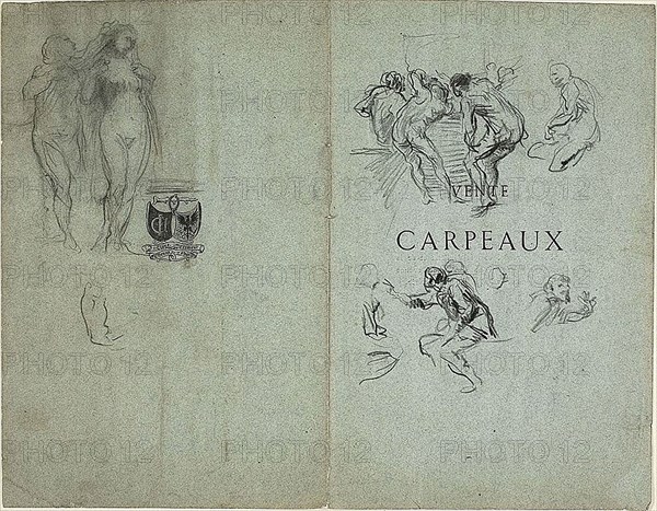 Sketch of Nude Woman Having Her Hair Groomed and Groups of Figures (recto), Sketches of Riding Figure and Nude Figures (verso), 1847/75, Jean Baptiste Carpeaux, French, 1827-1875, France, Black crayon (recto and verso) on blue wove paper, 267 × 345 mm