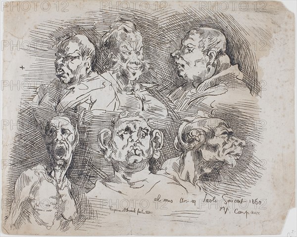 Studies of Heads, 1860, after Jean Baptiste Carpeaux, French, 1827-1875, France, Engraving on paper, 229 × 285 mm
