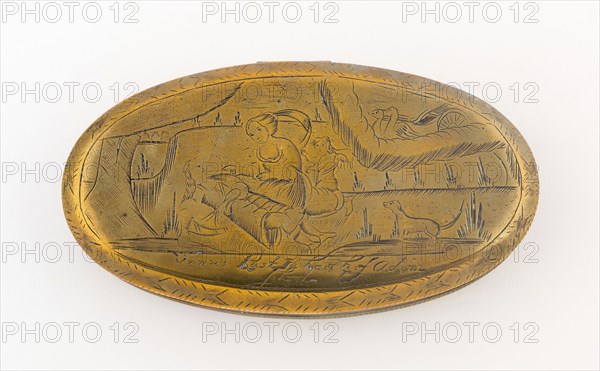Tobacco Box with Scene of Venus and Adonis, early 18th century, England, Brass, 13 × 7.6 cm (5 1/8 × 3 in.)