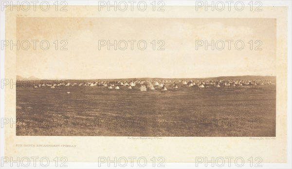 Sun Dance Encampment-Piegan, 1900, Edward S. Curtis, American, 1868–1952, United States, Photogravure, plate 192 from "The North American Indian, Volume 6" (1911), 15.8 x 34.6 cm (image), 20.9 x 37.6 cm (paper), 45.9 x 56 cm (mount)