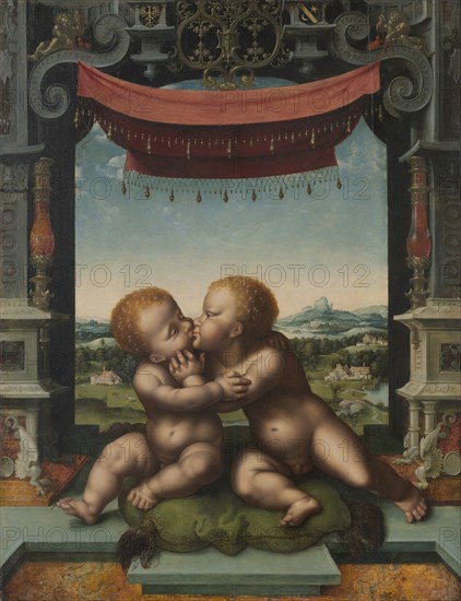 The Infants Christ and Saint John the Baptist Embracing, 1520/25, Joos van Cleve and Workshop, Netherlandish, Active by 1507–1540/41, Holland, Oil on panel, 29 7/16 × 22 11/16 in. (74.7 × 57.6 cm)