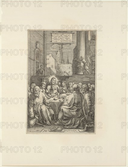 The Last Supper, plate one from The Passion of Christ, 1598, Hendrick Goltzius, Dutch, 1558-1617, Netherlands, Engraving in black on cream laid paper, 196 x 130 mm (image), 202 x 136 mm (plate), 318 x 244 mm (sheet)