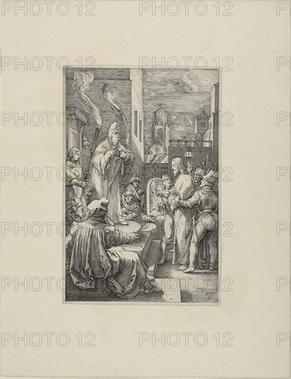 Christ Before Caiaphas, plate four from The Passion of Christ, 1597, Hendrick Goltzius, Dutch, 1558-1617, Netherlands, Engraving in black on cream laid paper, 197 x 129 mm (image), 202 x 135 mm (plate), 318 x 248 mm (sheet)