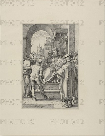 Christ Before Pilate, plate five from The Passion of Christ, 1596, Hendrick Goltzius, Dutch, 1558-1617, Netherlands, Engraving in black in on cream laid paper, 197 x 130 mm (image), 202 x 135 mm (plate), 318 x 247 mm (sheet)