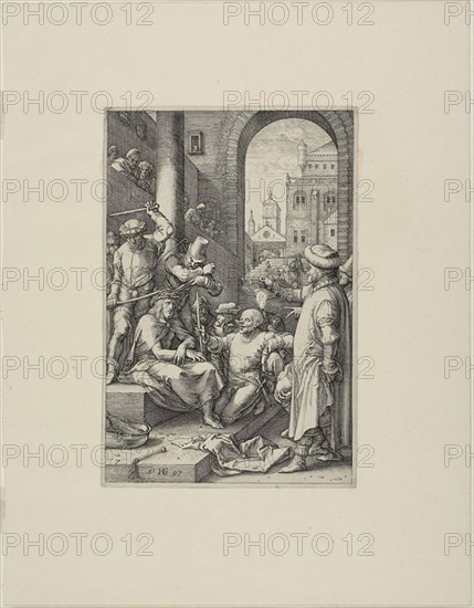 The Crowning with Thorns, plate seven from The Passion of Christ, 1597, Hendrick Goltzius, Dutch, 1558-1617, Netherlands, Engraving in black on cream laid paper, 196 x 130 mm (image), 201 x 135 mm (plate), 318 x 248 mm (sheet)