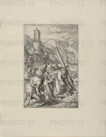 Christ Carrying the Cross, plate nine from the Passion of Christ, 1596/98, Hendrick Goltzius, Dutch, 1558-1617, Netherlands, Engraving in black on buff laid paper, 194 x 127 mm (image), 197 x 130 mm (plate), 318 x 248 mm (sheet)