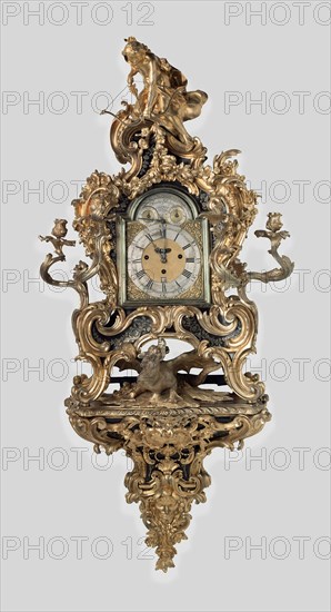 Wall Clock, 1735/40, Case attributed to Jean-Pierre Latz, French, c. 1691–1754, Clockwork made by Francis Bayley, Belgian, active 18th century, Paris, France, Oak, tortoiseshell, kingwood, brass, gilt bronze, and glass, 147.3 × 64.8 × 53.3 cm (58 × 25 1/4 × 21 in.)