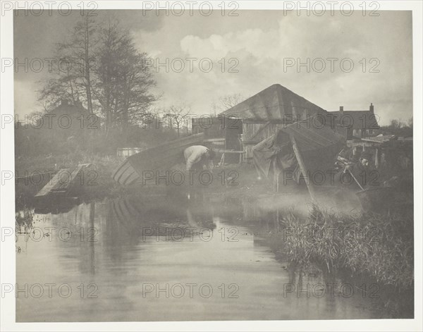 A Norfolk Boat-Yard, 1886, Peter Henry Emerson, English, born Cuba, 1856–1936, England, Platinum print, pl. XIII from the album "Life and Landscape on the Norfolk Broads" (1886), edition of 200, 22.3 × 28.6 cm (image/paper), 28.6 × 41 cm (album page)
