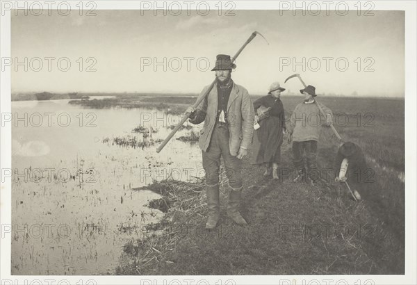 Coming Home from the Marshes, 1886, Peter Henry Emerson, English, born Cuba, 1856–1936, England, Platinum print, pl. I from the album "Life and Landscape on the Norfolk Broads" (1886), edition of 200, 19.6 × 29.2 cm (image/paper), 28.5 × 40.6 cm (album page)