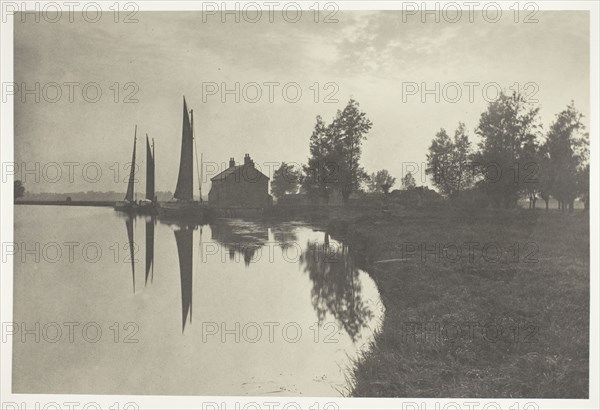 Cantley: Wherries Waiting for the Turn of the Tide, 1886, Peter Henry Emerson, English, born Cuba, 1856–1936, England, Platinum print, pl. XXIV from the album "Life and Landscape on the Norfolk Broads" (1886), edition of 200, 18.9 × 28.3 cm (image/paper), 28.5 × 40.7 cm (album page)