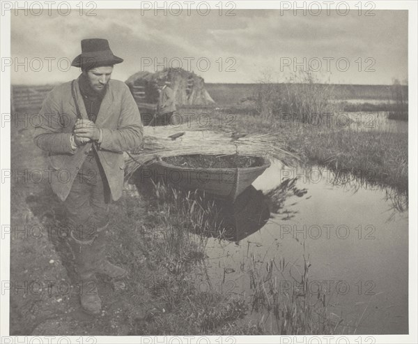 Towing the Reed, 1886, Peter Henry Emerson, English, born Cuba, 1856–1936, England, Platinum print, pl. XXVI from the album "Life and Landscape on the Norfolk Broads" (1886), edition of 200, 22.8 × 27.3 cm (image/paper), 28.5 × 40.8 cm (album page)