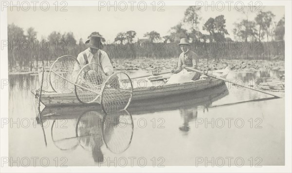 Setting the Bow-Net, 1886, Peter Henry Emerson, English, born Cuba, 1856–1936, England, Platinum print, pl. II from the album "Life and Landscape on the Norfolk Broads" (1886), edition of 200, 16.7 × 28.8 cm (image/paper), 28.5 × 40.6 cm (album page)