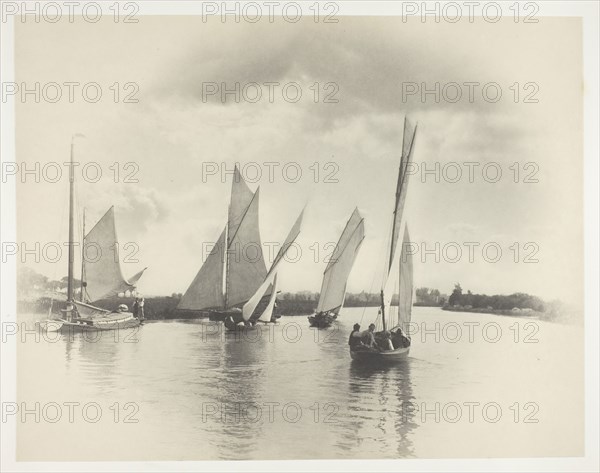 A Sailing Match at Horning, 1885, printed 1886, Peter Henry Emerson, English, born Cuba, 1856–1936, England, Platinum print, pl. IV from the album "Life and Landscape on the Norfolk Broads" (1886), edition of 200, 22.5 × 28.8 cm (image/paper), 28.6 × 40.5 cm (album page)