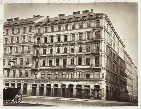 Kärnthnerstraße No. 59, Zinshaus des Herrn Sam Maeir, 1860s, Austrian, 19th century, Austria, Albumen print, 25 × 32.3 cm (image/paper), 42.9 × 61.2 cm (album page)