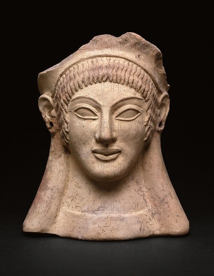 Votive (Gift) in the Shape of a Woman’s Head, about 500 BC, Etruscan, possibly Veii, Veii, terracotta, pigment, 26.5 × 22 × 18 cm (10 1/2 × 8 1/2 × 7 1/4 in.)