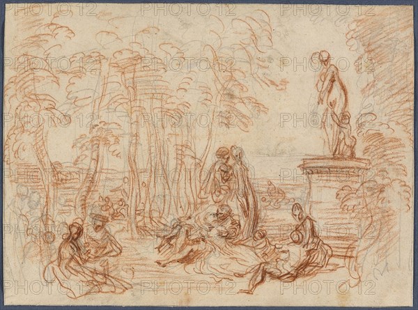 Study for The Feast of Love, c. 1717, Jean Antoine Watteau, French, 1684-1721, France, Red chalk and graphite on buff laid paper, 196 × 265 mm