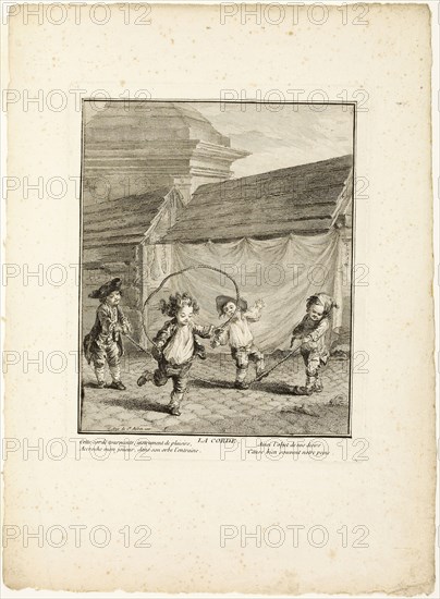 Jump Rope, from The Games of the Urchins of Paris, 1770, Jean-Baptiste Tilliard (French, 1740–1813), after Augustin de Saint-Aubin (French, 1736-1807), France, Etching on ivory laid paper, 227 × 181 mm (plate), 362 × 263 mm (sheet)