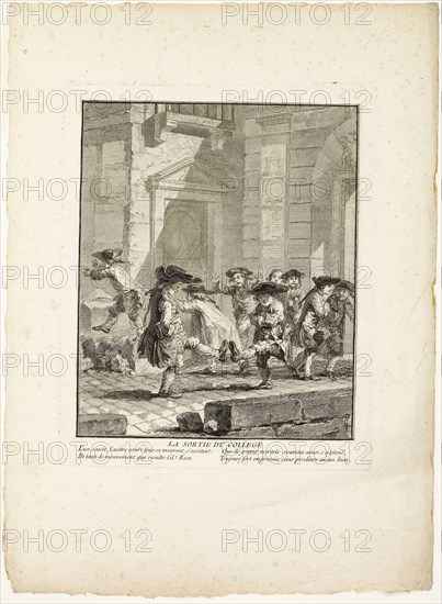 Release from College, from The Games of the Urchins of Paris, 1770, Jean-Baptiste Tilliard (French, 1740–1813), after Augustin de Saint-Aubin (French, 1736-1807), France, Etching on ivory laid paper, 229 × 188 mm (plate), 356 × 259 mm (sheet)