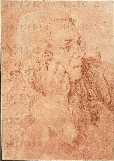 Half-Length Portrait of François Boucher, n.d., Jacques André Portail, French, 1695-1759, France, Red chalk, with stumping, and brush and red chalk wash, on cream laid paper, tipped to cream laid paper, 174 × 123 mm