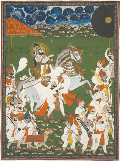 Maharana Bhim Singh in Procession, c. 1820, India, Rajasthan, Mewar, Udaipur, attributed to Ghasi (active c. 1820-36), India, Opaque watercolor and gold on paper, Image: 57.1 × 41.6 cm (22 1/2 × 16 3/8 in.), Paper: 60.7 × 45.6 cm (23 7/8 × 18 in.)