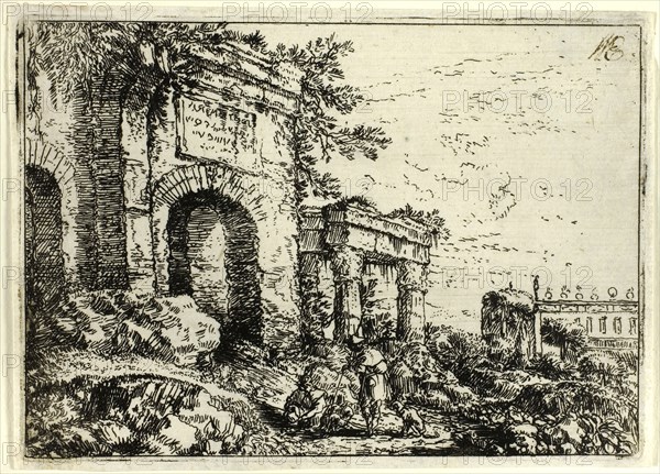 Italian Landscape with Ruins, n.d., Jonas Umbach the Elder, German, 1624-1693, Germany, Etching in black on ivory laid paper, 76 x 110 mm (image/plate), 780 x 115 mm (sheet)