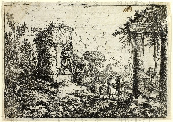 Italian Landscape with Ruins, n.d., Jonas Umbach the Elder, German, 1624-1693, Germany, Etching in black on ivory laid paper, 76 x 111 mm (image/plate), 82 x 113 mm (sheet)
