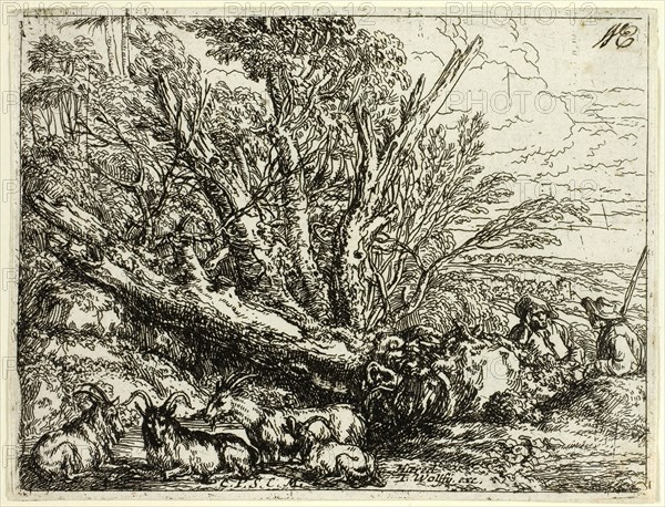 Italian Landscape with Ruins, n.d., Jonas Umbach the Elder, German, 1624-1693, Germany, Etching in black on ivory laid paper, 79 x 104 mm (image/plate), 82 x 107 mm (sheet)