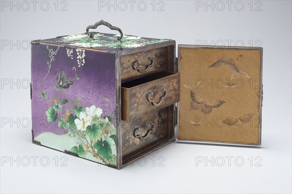 Kodansu Small Chest, early 20th century, Japanese, Japan, Enamel on silver, lacquer, and engraved silver, 16 × 14 × 17.7 cm (6 1/4 × 5 1/2 × 7 in.)