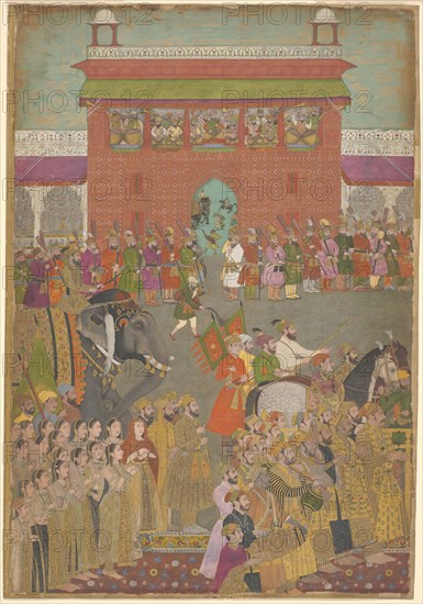 A Procession Scene with Musicians, from a copy of the Padshanama, Mughal period, mid 17th century, India, India, Opaque watercolor and gold on paper, Image: 38 x 25.9 cm (15 x 10 1/4 in.), Paper: 38.5 x 26.6 cm (15 1/4 x 10 1/2 in.)