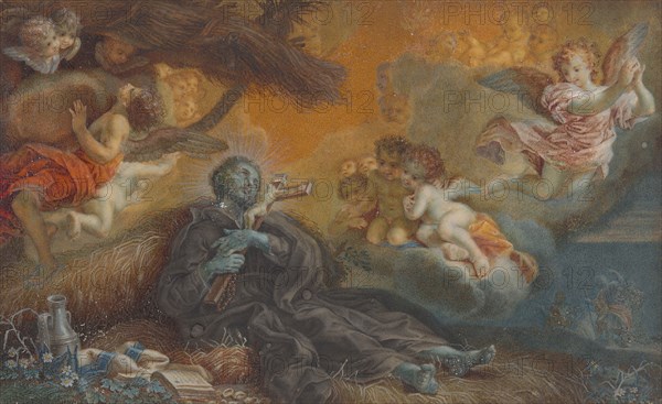 The Death of St. Francis Xavier, c. 1750, Veronica Stern, attributed to, Italian, 1717-1801, after Giovanni Battista Gaulli (Italian, 1639–1709), Italy, Oil on vellum, 5 x 8 in. (12.7 x 20.5 cm)
