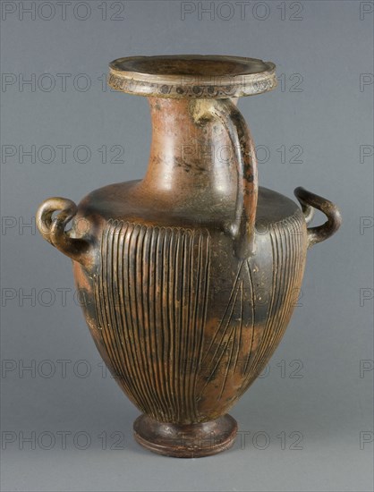 Hydria (Water Jar), 400/350 BC, Greek, Campania (?), Italy, Greece, terracotta, decorated in the black-glaze technique, 38.4 × 29.2 × 27.8 cm (15 1/8 × 11 1/2 × 9 in.)