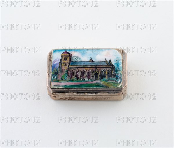 Vinaigrette with View of a Church, c. 1890, Possibly England, England, Silver, silver gilt, and enamel, 3.5 × 2.5 cm (1 3/8 × 3/4 in.)