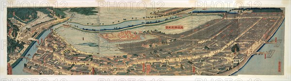 Revised Panoramic View of Yokohama (Saikai Yokohama fukei), 1861 and 1873, Utagawa Sadahide, Japanese, 1807-1873, Japan, Color woodblock print, oban polyptych, 36.5 x 148.7 cm