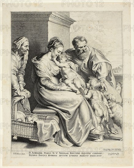 The Holy Family with Saint Elisabeth and the Infant John the Baptist, 1620, Lucas Emil Vorsterman (Flemish, 1595-1675), after Peter Paul Rubens (Flemish, 1577-1640), Flanders, Engraving in black on ivory laid paper, laid down on ivory laid paper (chine collé), 254 × 201 mm (image), 266 × 207 mm (plate/primary support), 295 × 234 mm (secondary support)