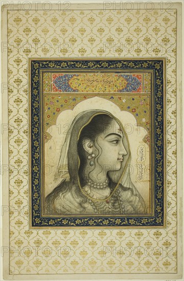 Portrait of a Beauty, 17th century, India, India, Opaque watercolor and gold on paper, Image: 22.4 x 16.6 cm (8 13/16 x 6 1/2 in.), Outermost Border: 41.8 x 26.7 (16 3/8 x 10 1/2 in.), Paper: 44 x 28.6 cm (17 3/8 x 11 1/4 in.)