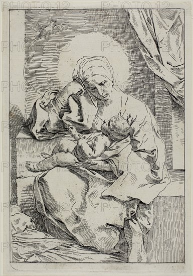 Madonna and Child with a Finch, 1635–36, Simone Cantarini, Italian, 1612-1648, Italy, Etching on paper, 218 x 146 mm