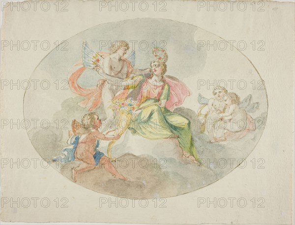 Allegory of Abundance (Sketch for a Ceiling Painting), n.d., Attributed to Domenico Pozzi, Italian, 1744-1796, Italy, Pen and brown ink, with brush and watercolor, over black chalk on ivory laid paper, 233 x 304 mm