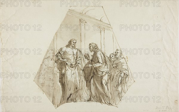 Doubting Thomas (Spandrel Design), n.d., Attributed to Domenico Pozzi, Italian, 1744-1796, Italy, Pen and brown ink, with brush and brown and gray wash, over black chalk on ivory laid paper, 264 x 417 mm