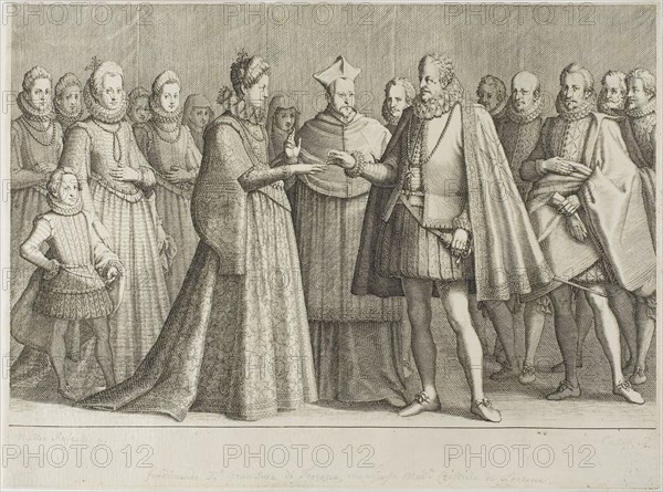 The Marriage of Ferdinand de’ Medici and the Duchess Christine de Lorraine, plate 1 from The Life of Ferdinand de Medici, 1616/20, Jacques Callot, French, 1592-1635, France, Engraving on ivory laid paper, 225 × 300 mm (sheet, trimmed to plate)