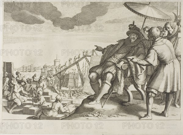 The Grand Duke Fortifies the Port of Livorno, from Life of Ferdinando I de’ Medici, 1616/20, Jacques Callot (French, 1592-1635), after Matteo Rosselli (Italian, 1578-1650), France, Engraving in black on ivory laid paper, 223 × 303 mm (sheet, trimmed to plate)