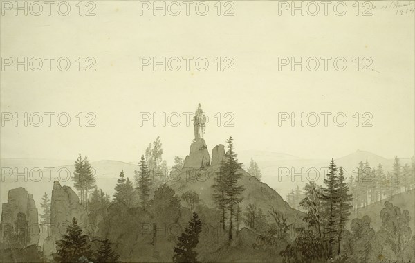 Statue of the Madonna in the Mountains, 1804, Caspar David Friedrich, German, 1774-1840, Germany, Brush and black ink and gray wash, with graphite, on cream wove paper, 244 × 382 mm