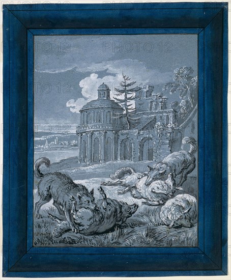 Wolves Attacking Sheep (Rein de Trop II), 1732, Jean-Baptiste Oudry, French, 1686-1755, France, Pen and brush and black ink, with brush and gray wash and black-and-white gouache, on blue laid paper, 313 × 261 mm