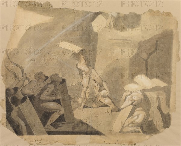 Titans Storming Mount Olympus, c. 1770–72, Henry Fuseli, Swiss, active in England, 1741-1825, Switzerland, Pen and black ink and brush and black, gray, and pale brown wash, heightened with touches of white chalk, on cream laid paper, perimeter mounted on tan laid paper, 560 x 700 mm